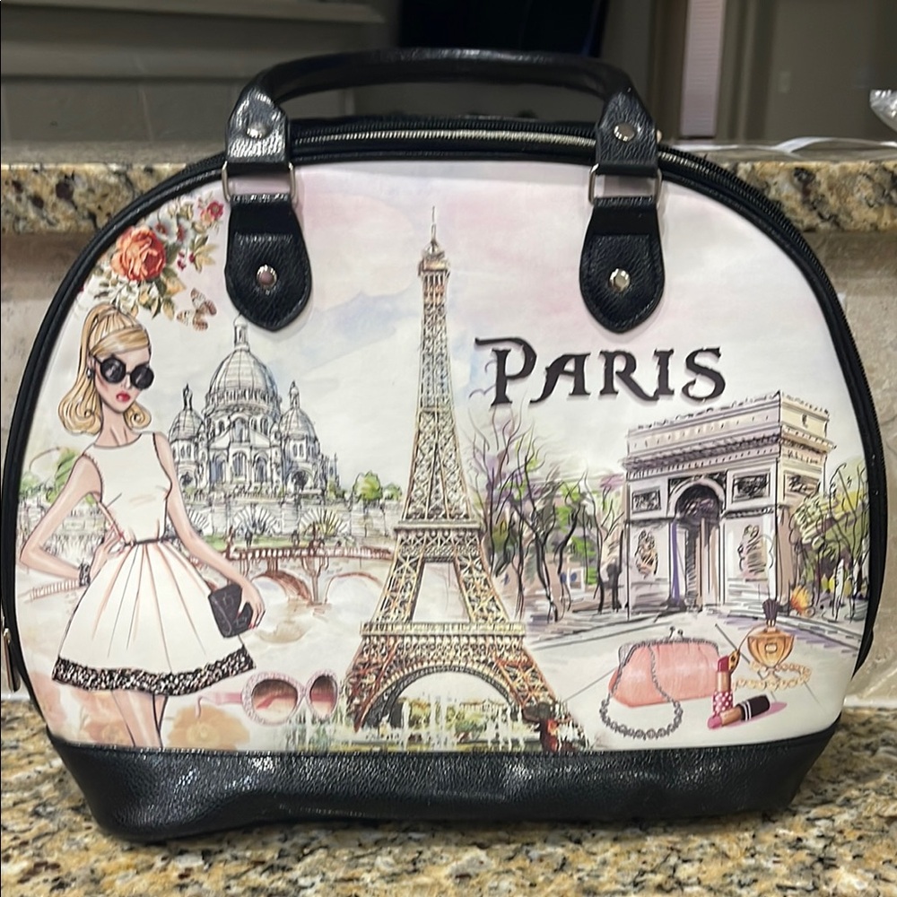 Paris Hilton Black and White Cosmetic Bag with Iconic Landmarks